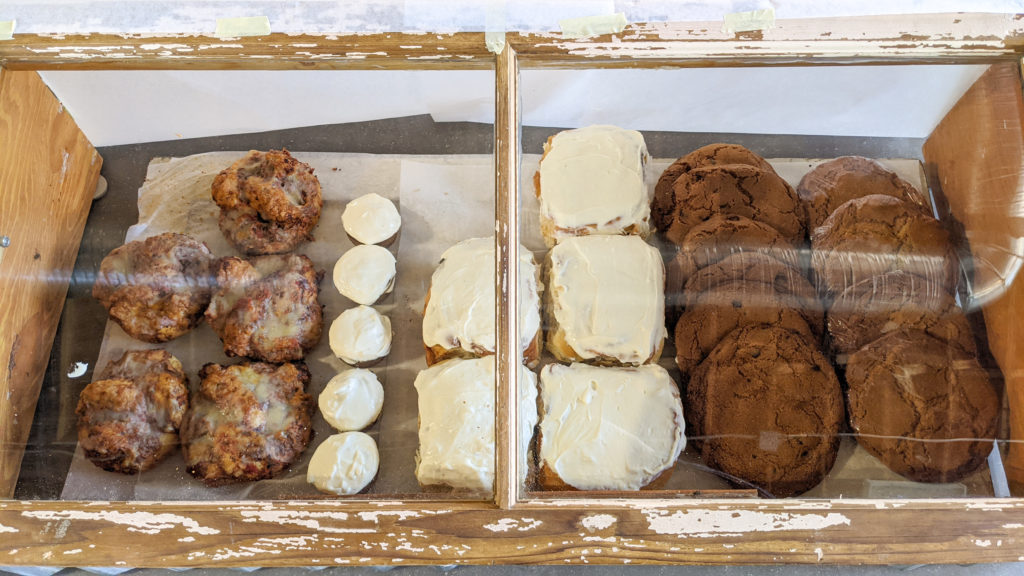 Cakes and pastries in cabinet